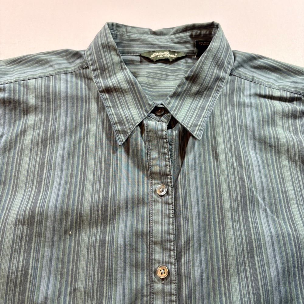 Eddie Bauer Button Down Shirt Womens XL Striped Blue Green Cotton Blend Casual